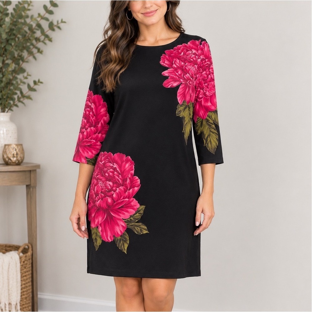 Vintage Liz Claiborne 100% Silk Red Peony Floral Print Shift Dress Black Size 6